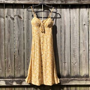 AUW Palm Print Midi Summer Dress Button Front Mustard Gold White Size S